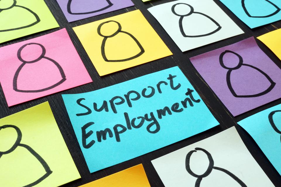Support employment inscription and colored squares of paper with black line person icons