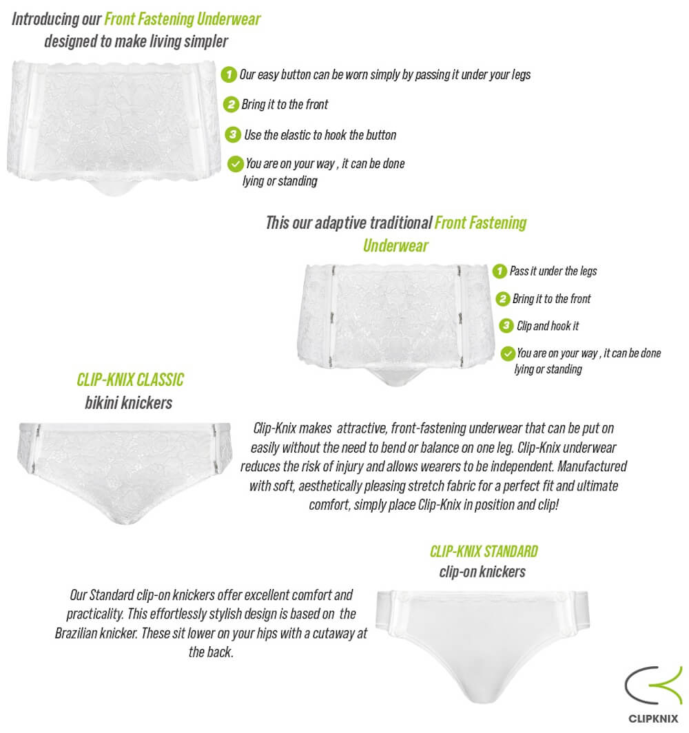 Clip Knix brochure with 4 different types of underwear with front closure.