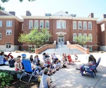 Reading of Story Time by Old Greenwich School Headmistress Jennifer Bencivengo in front of the school for incoming students at Old Greenwich School, Greenwich, Connecticut, Thursday, August 23, 2018.