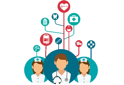 Illustration of hospital symbols, medicine, healthcare, illness, doctor and two nurses.