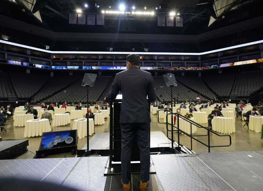 FILE - In this December 7, 2020 file photo, Congregation Speaker Anthony Rendon of Lakewood speaks to members of the congregation after his re-election as speaker during the organizing meeting in Sacramento, California, to ensure that members of the congregation have sufficient space Had to Follow Coronavirus Social Distancing Guidelines The gathering session was held at the Golden 1 Center, home of the Sacramento Kings.  Despite pandemic restrictions, lawmakers managed to pass hundreds of bills in 2020.  Photo: Rich Pedroncelli, AP / Copyright 2020 The Associated Press.  All rights reserved