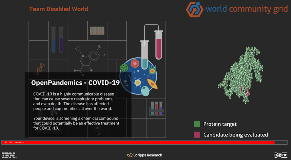 Screenshot of the Team Disabled World computer screen saver running the OpenPandemics COVID-19 project.