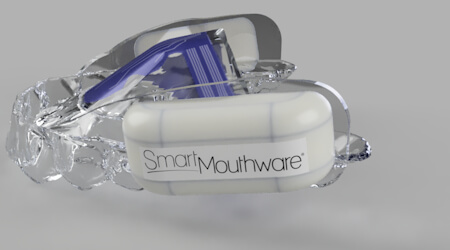 The Smart Mouthware Computer Mouse is a touchpad integrated into the roof of an orthodontic retainer that allows the wearer to move the cursor by moving the tongue across the roof of the mouth.  Clicking (left, right and click drag) is done by flattening the tongue against the roof of the mouth.  Scrolling is done by swiping your tongue over the pad in the desired direction of the scroll.