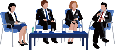 The business meeting illustration shows 4 people sitting in blue chairs behind a dark blue table.