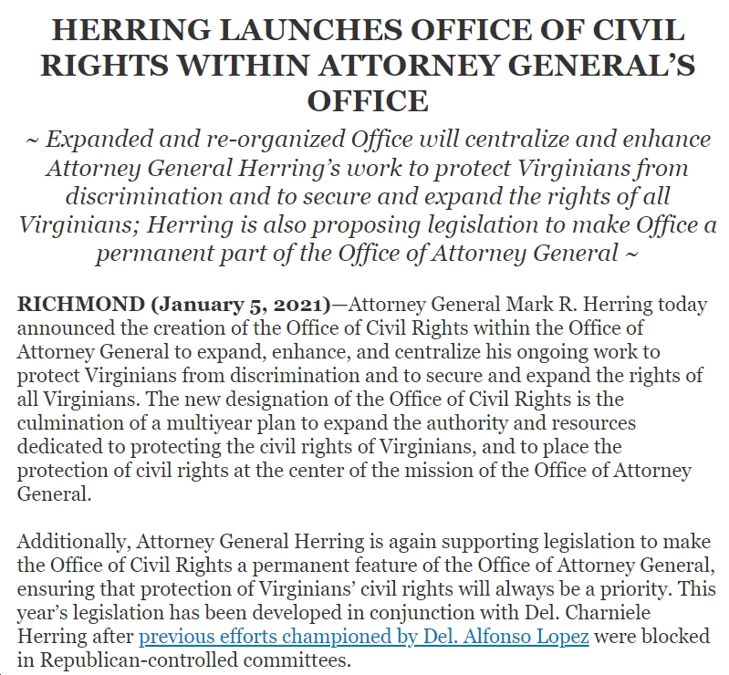 AG Mark Herring Launches Office of Civil Rights Within Attorney General’s Office