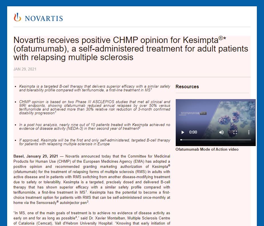 Novartis receives positive CHMP opinion for Kesimpta®* (ofatumumab), a self-administered treatment for adult patients with relapsing multiple sclerosis