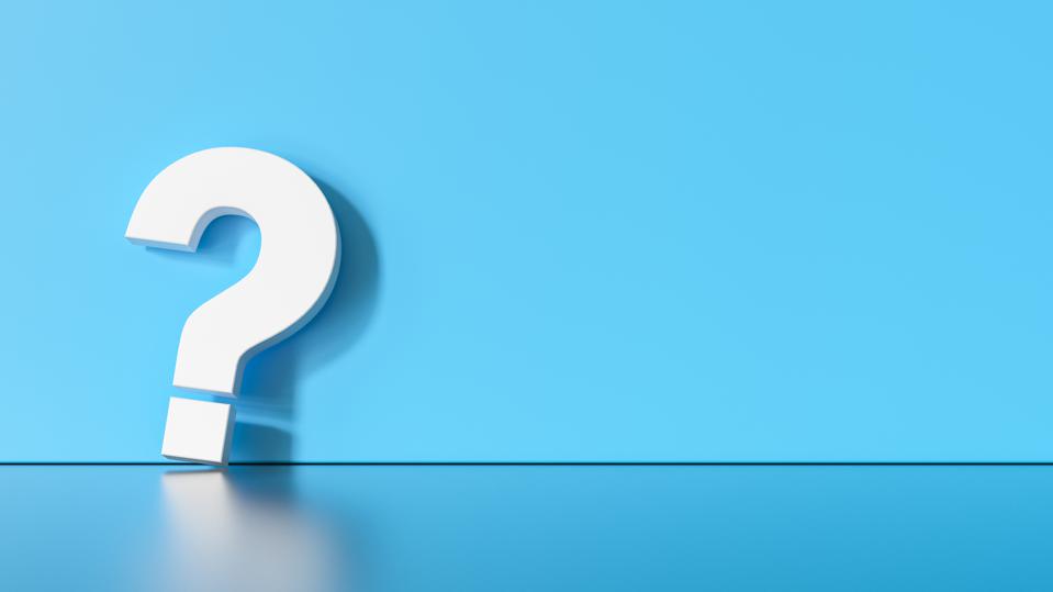White question mark on blue background with empty space on left side. 3D Rendering