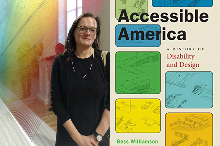 a photo split into two: one of a woman standing and smiling; the other of a book cover that reads "Accessible America"