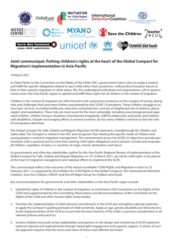 Joint communiqué: Putting children’s rights at the heart of the Global Compact for Migration’s implementation in Asia-Pacific - World
