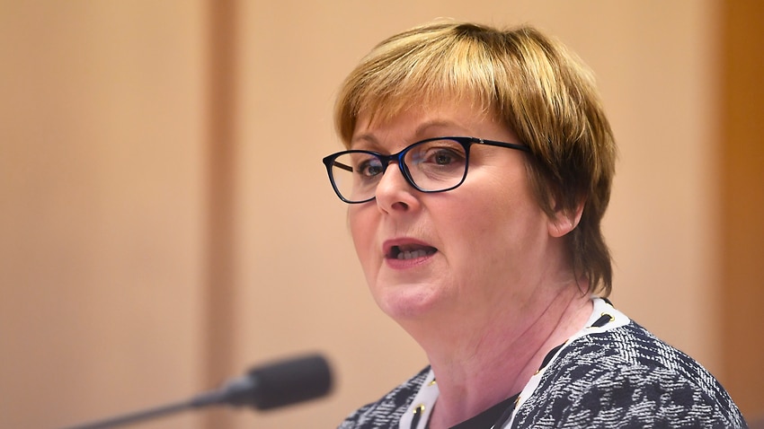 NDIS Minister Linda Reynolds speaks during a Senate inquiry at Parliament House in Canberra, May 3, 2021.