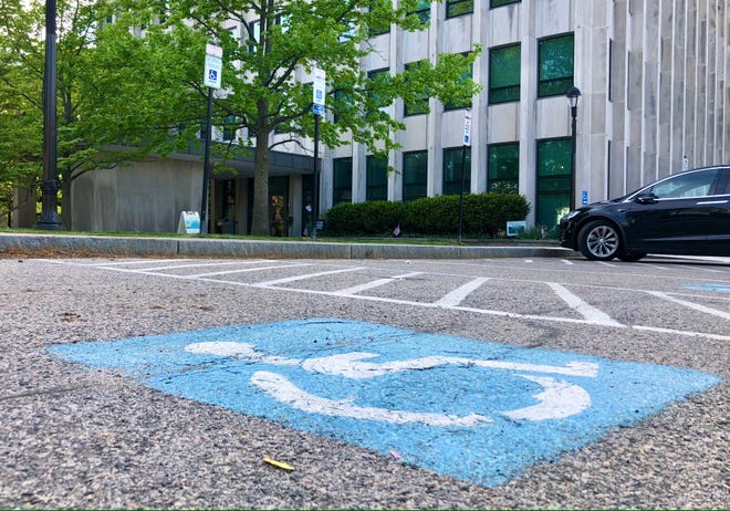 An accessible parking lot outside Brookline City Hall.