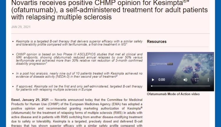 Novartis receives positive CHMP opinion for Kesimpta®* (ofatumumab), a self-administered