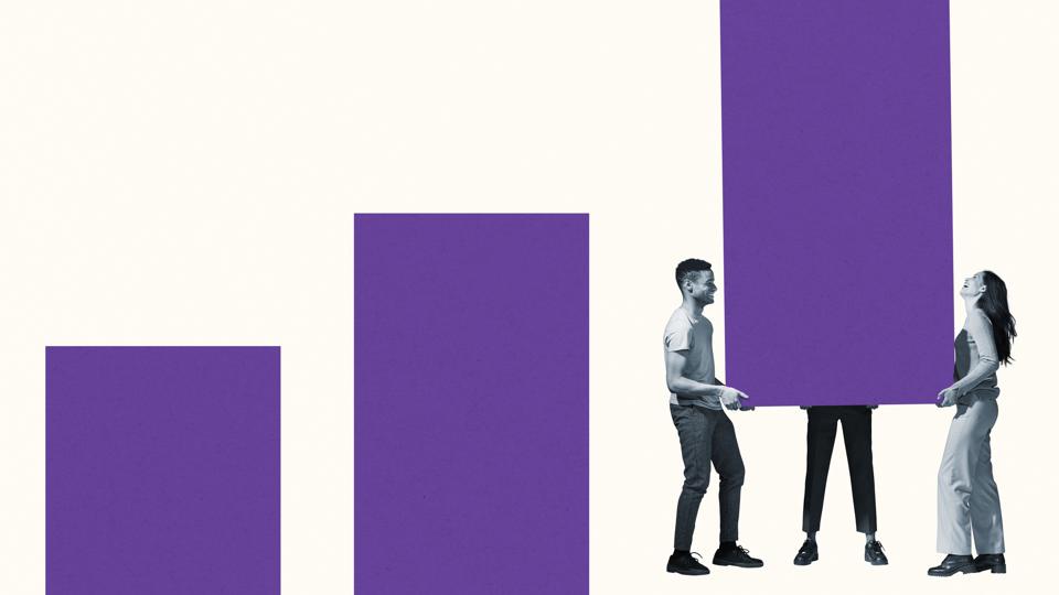 Young friends carrying large purple bar graph against white background.