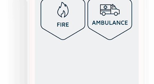 The Rescu app screen shows three buttons - Police, Fire Brigade and Ambulance.