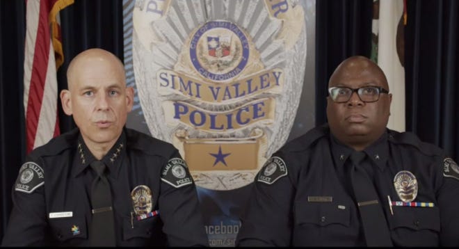Police Chief David Livingstone (left) and Cmdr.  Steve Shorts of the Simi Valley Police Department answered questions about investigations into hate crimes in a public forum Thursday evening.